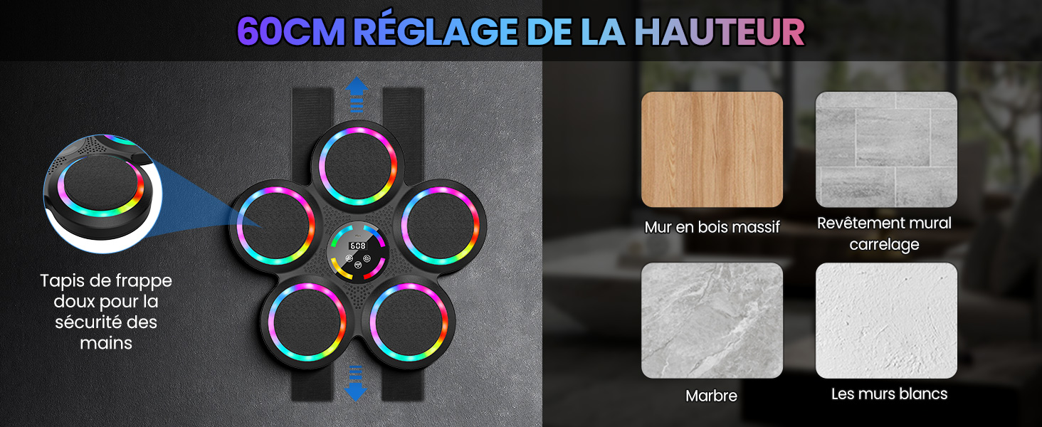 Le texte indique « 60 CM RÉGLAGE DE LA HAUTEUR ». Schéma technique montrant des éléments circulaires illuminés avec des spécifications de mesure et des indicateurs de réglage.