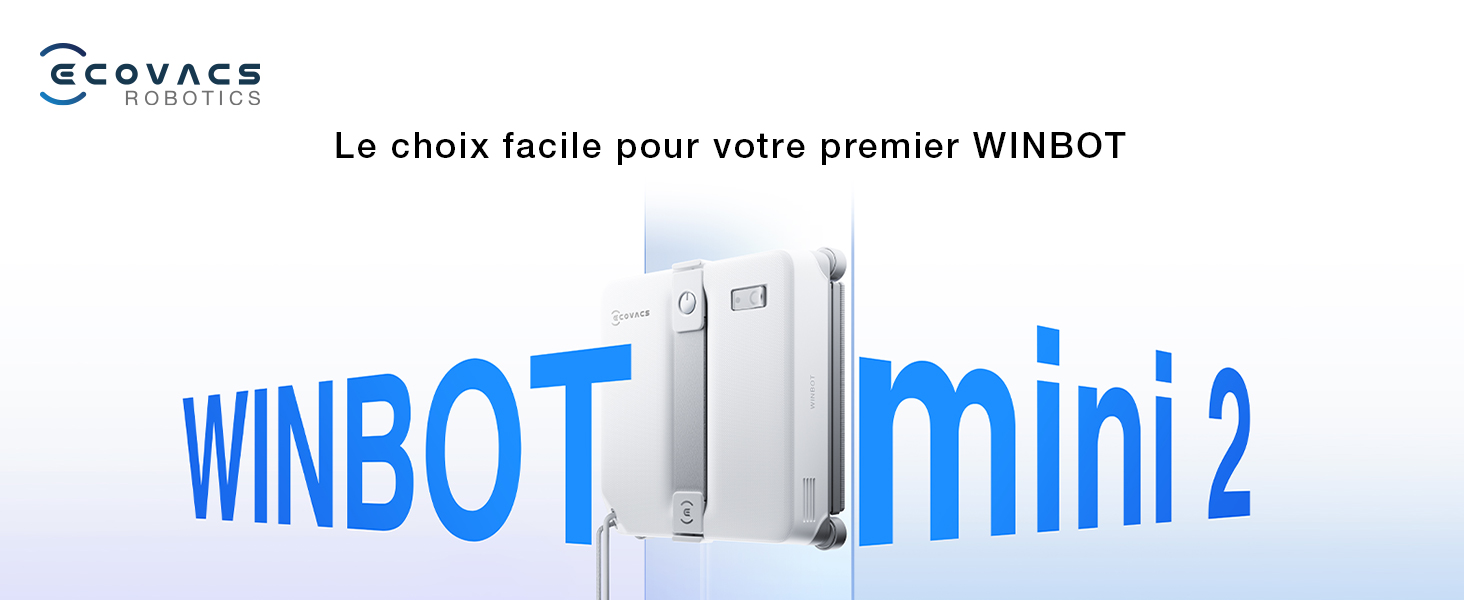Le texte indique « WINBOT mini 2 » et « Le choix facile pour votre premier WINBOT » avec le logo Ecovacs. Bannière marketing des produits dans une palette de couleurs bleu et blanc.