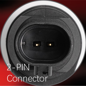 Text reads '2-PIN Connector'. Close-up photo of black circular electrical connector with two metal pins visible inside.