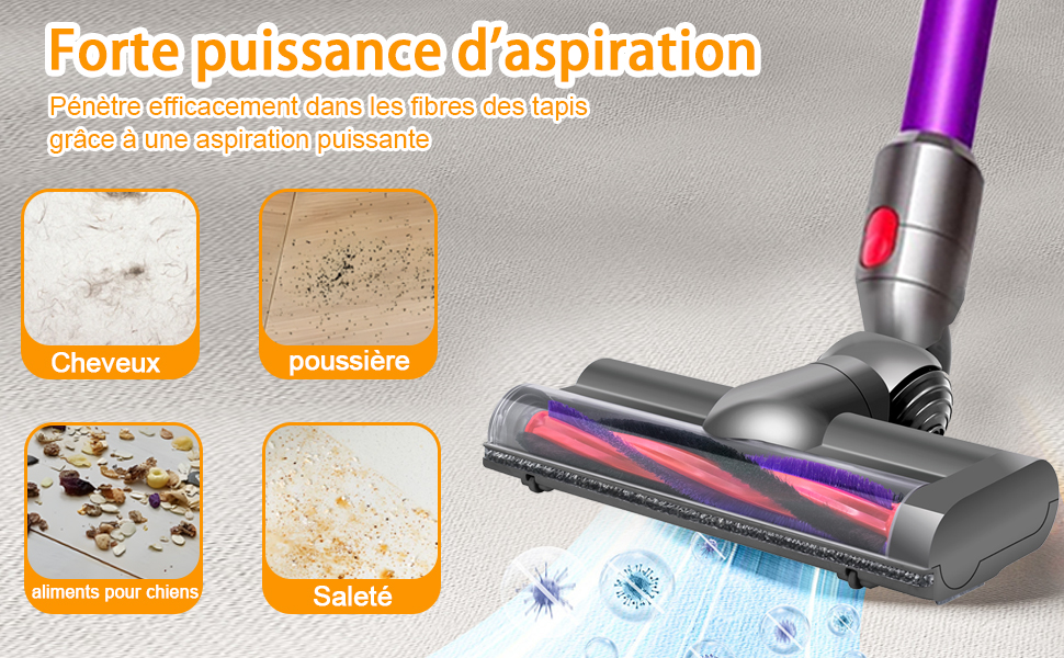 au design violet et rose, présentant quatre panneaux de démonstration de nettoyage pour les capacités d'élimination des poils, de la poussière, des débris et de la saleté.