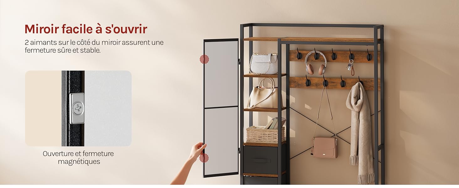 Le texte se lit comme suit : « Miroir facile à installer », texte français sur l'installation. Guide d'installation du miroir mural présentant le matériel de montage et la configuration de l'espace de rangement intérieur.