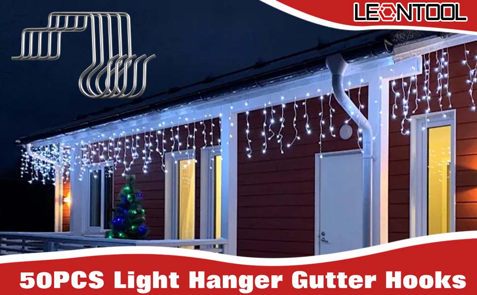 Text reads '50PCS Light Hanger Gutter Hooks'. Series of outdoor shots showing blue Christmas lights hanging from dark-colored gutters or rooflines using mounting clips.