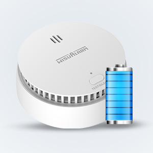 Détecteur de fumée circulaire ou dispositif d'alarme blanc avec fentes d'aération, illustré à côté d'une icône de batterie bleue.