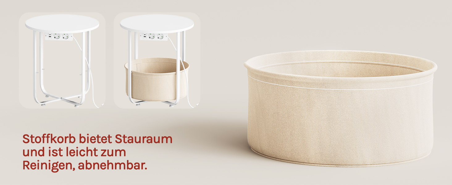 Der Text lautet: „Stoff/ORB bietet Stauruum und ist leicht zum Reinigen, abnehmbar.“ Aufbewahrungskorb aus Stoff mit abnehmbarem, waschbarem Design, erhältlich in zwei Farboptionen (weiß und beige) und als eigenständiger, gewebter, zylindrischer Behälter.