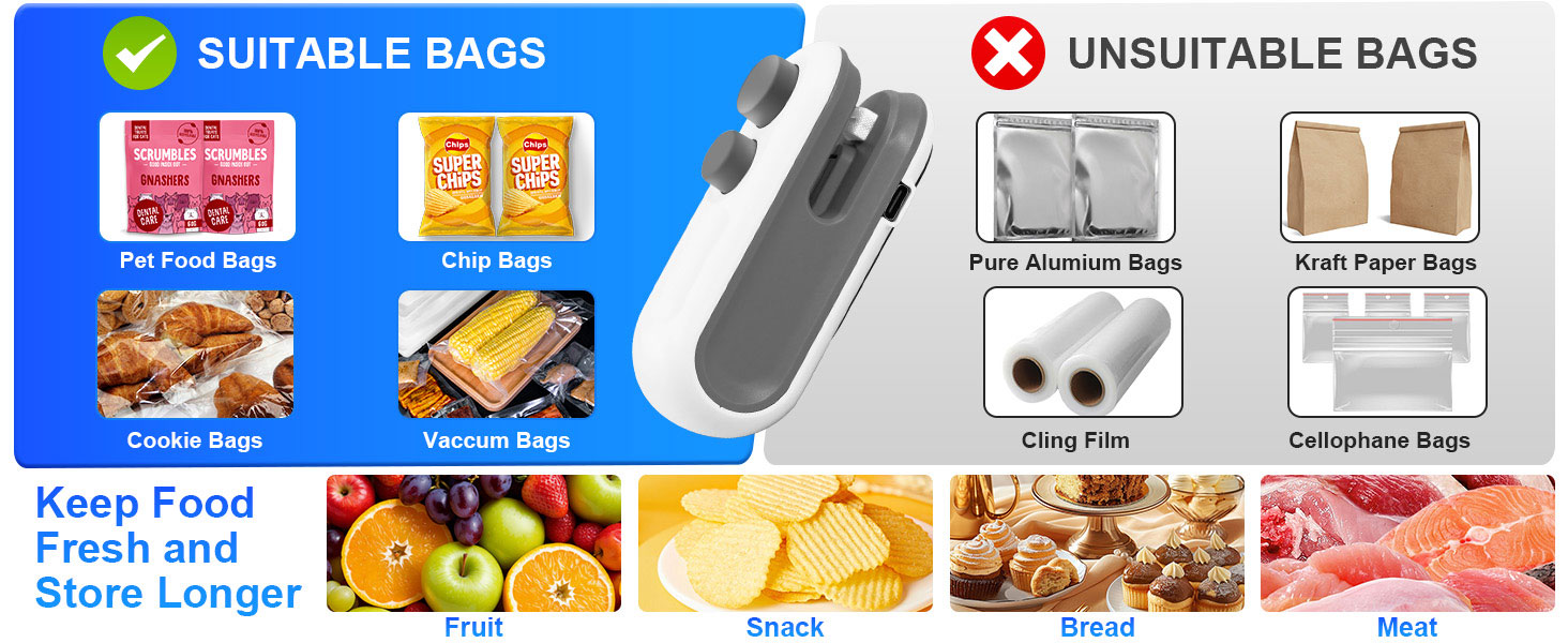 Selladora magnética de alimentos con cortador y reselladora de bolsas