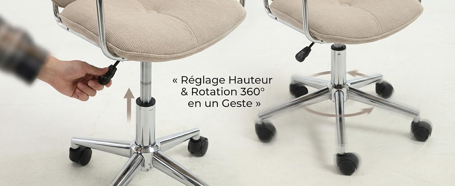 Le texte indique « Reglage Hauteur &amp; Rotation 360° ». Plusieurs vues d'une chaise de bureau beige avec base blanche, présentant des fonctions de rotation à 360 degrés et de réglage de la hauteur.