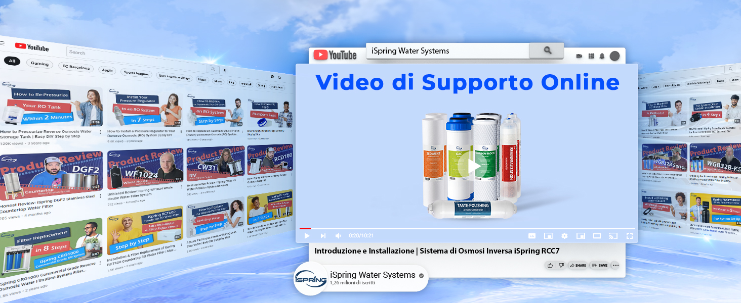 Schermo del computer che mostra un'interfaccia di supporto video online con più miniature e un'immagine centrale di bottiglie di bevande colorate