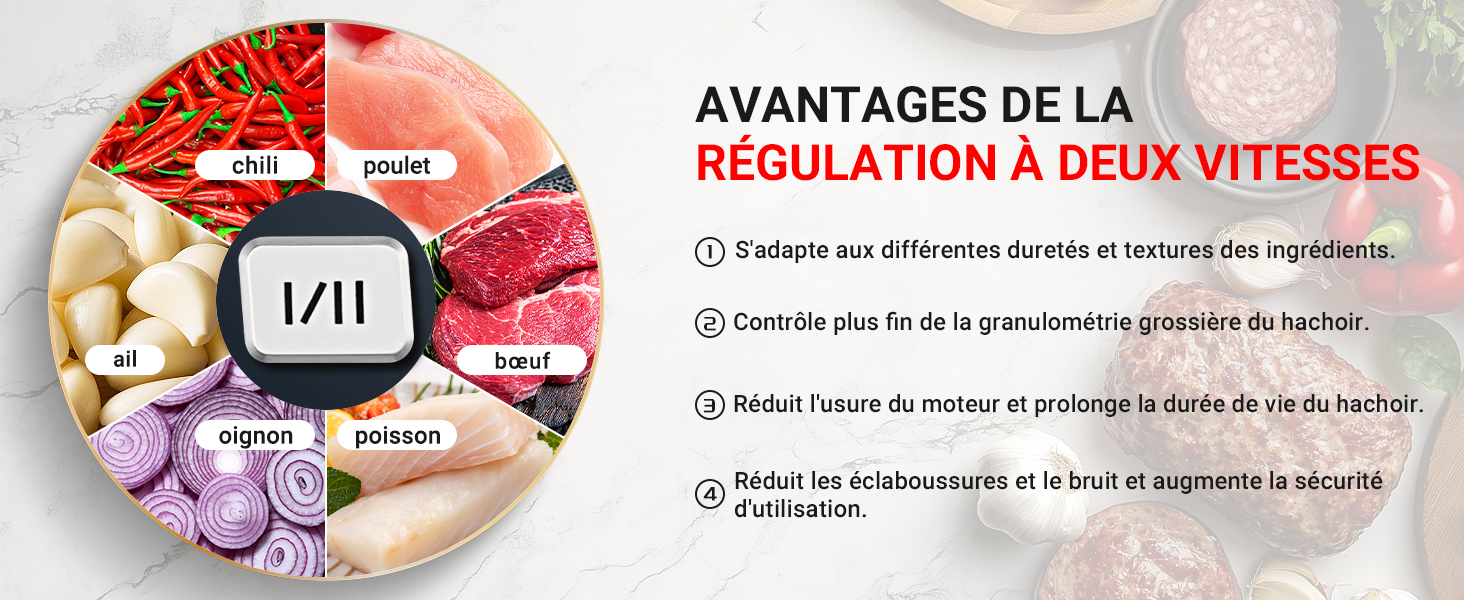 Schéma circulaire montrant divers aliments et texte décrivant les avantages de la régulation à deux vitesses pour un robot culinaire ou un mixeur