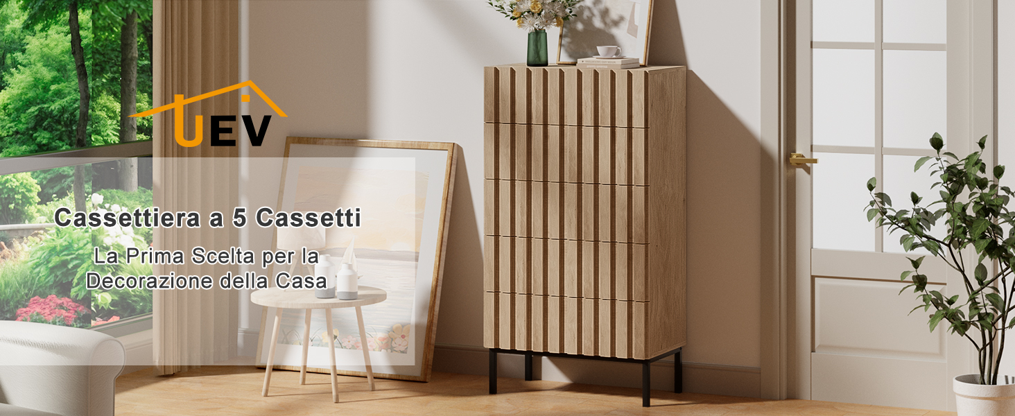 Il testo recita «Cassetti/RA 5 Cassetti». Spazio interno moderno con pannelli in legno o divisori con illuminazione naturale.