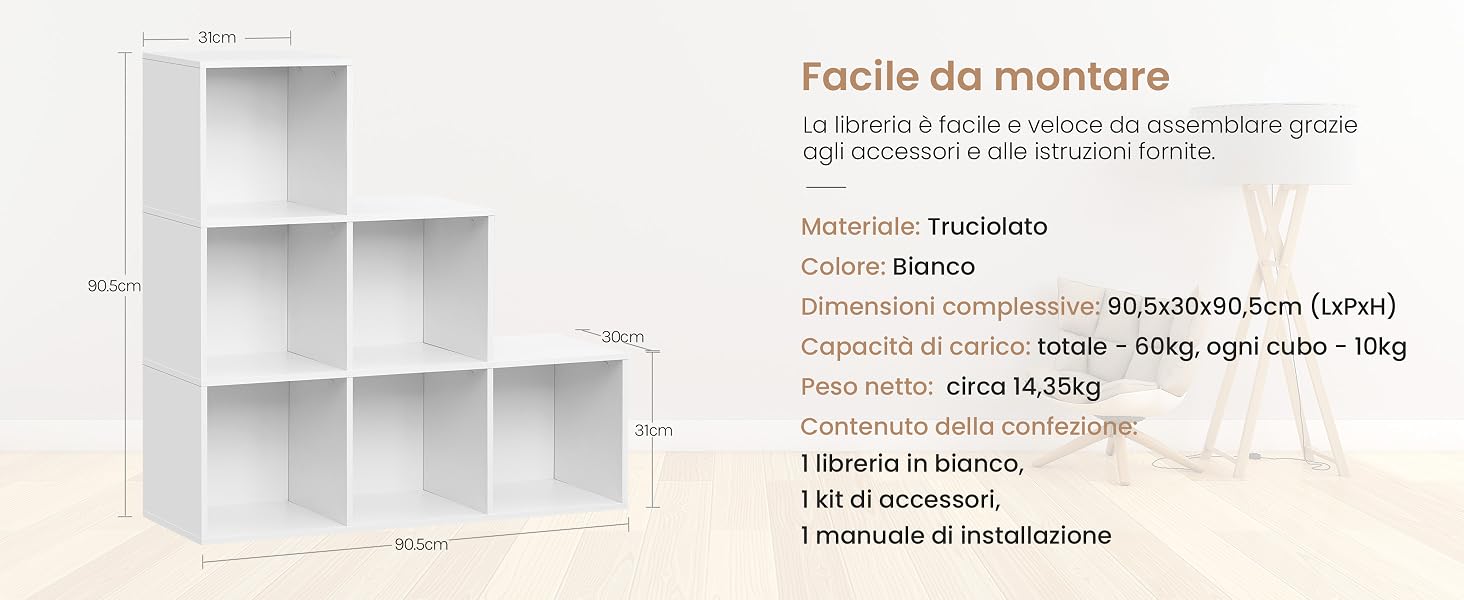 Contenitore modulare bianco con dimensioni e informazioni di montaggio in italiano. Presenta una struttura tubolare e più scomparti