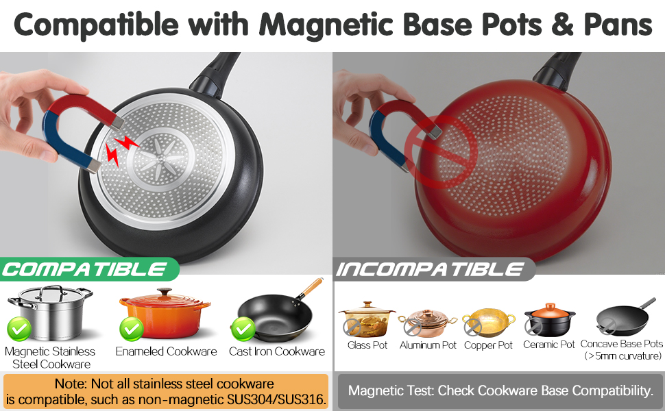 Le texte indique « Compatible avec les pots et poêles à base magnétique ». Reprise de l'image 4 montrant la compatibilité des ustensiles de cuisine magnétiques avec les icônes des produits.