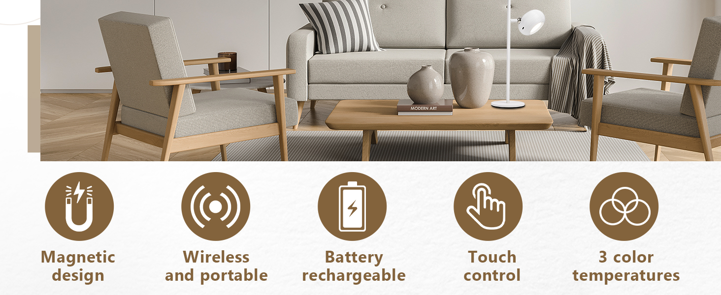 Fünf kreisförmige Symbole mit Symbolen für Produktmerkmale: „Magnetic Design“, „Kabellos und tragbar“, „Batterie wiederaufladbar“, „Touch Control“, „5 Solartemperaturen“.