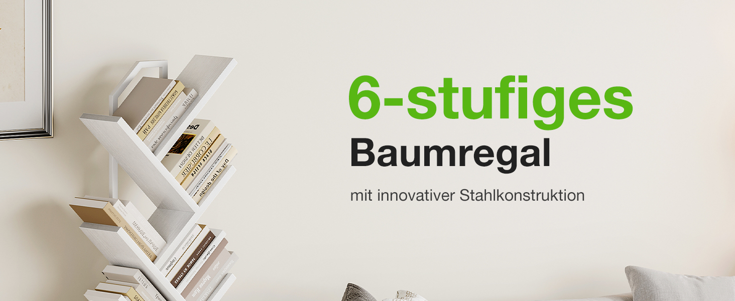 Der Text lautet „6-stufiges Baumregal mit innovativer Stahlkonstruktion“. Weißes, abgestuftes Wandregalsystem mit mehreren abgewinkelten Ebenen zur Aufbewahrung.