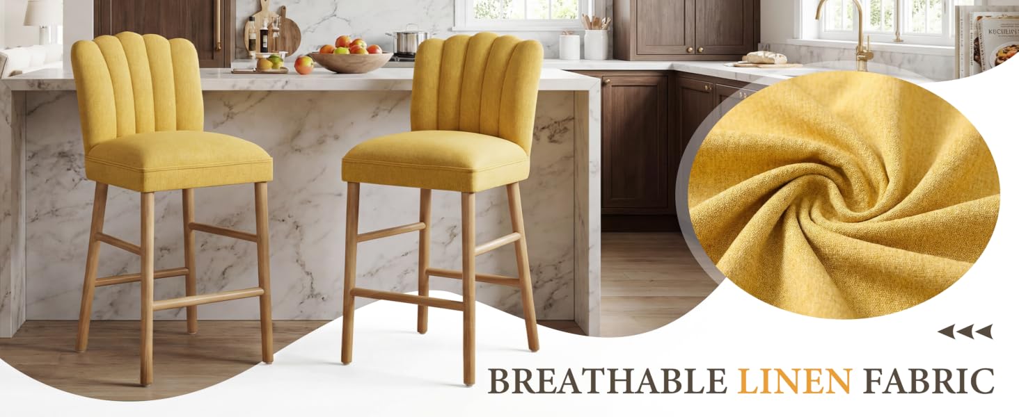Text reads 'BREATHABLE LINEN FABRIC'. Multiple images showing yellow upholstered armchairs and ottomans in a living room setting, displaying different angles and fabric details.