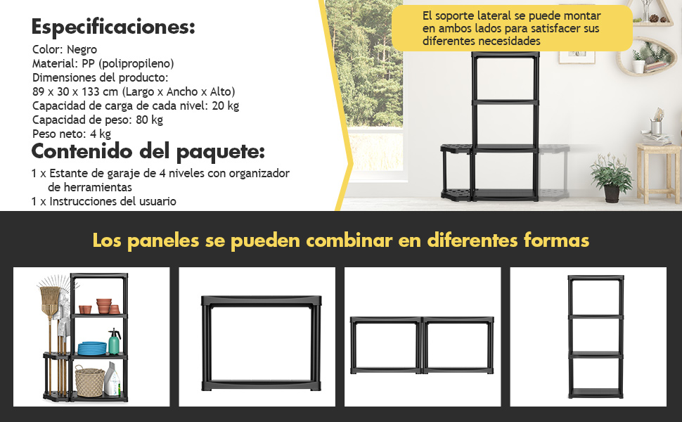  Estantería de Garaje de 4 Niveles con Organizador de Herramientas