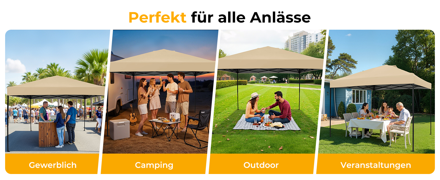Der Text lautet „Perfekt für alle Anlässe“. Reihe von Bildern von Veranstaltungen im Freien, die verschiedene Partyzeltaufbauten und Zusammenkünfte unter Vordächern zeigen.