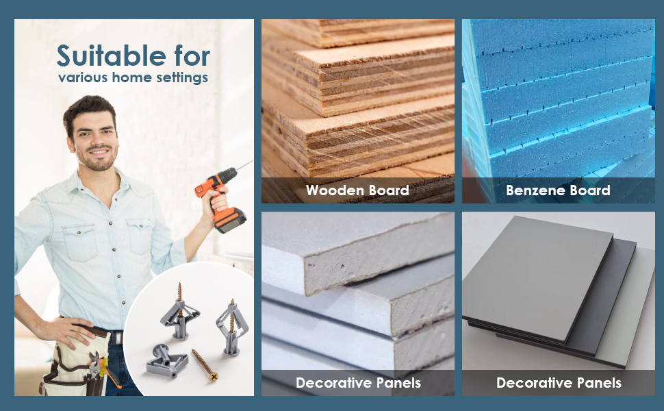 Composite image showcasing various building materials: wooden boards, benzene board, and decorative panels. Includes illustration of a person holding a power drill, suggesting home improvement context.