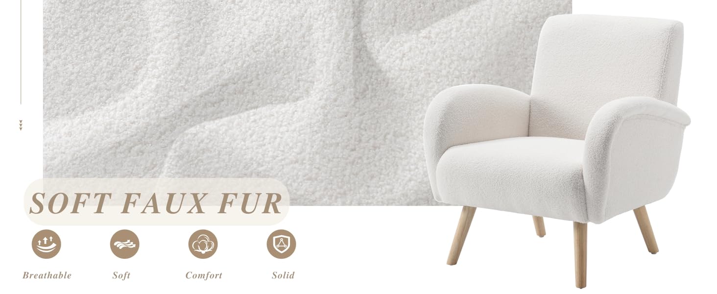 White faux fur armchair with wooden legs.