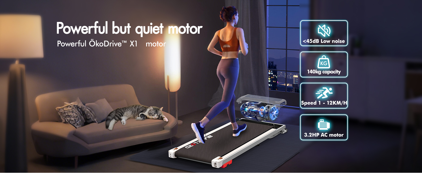 Text reads 'Powerful but quiet motor'. Dark promotional image showing vacuum cleaner features with blue digital interface elements and lighting effects.