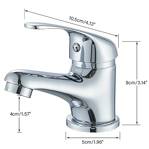 Chrome-plated bathroom faucet with single lever handle, measuring 10.5cm long, 8cm tall, with 4cm spout height and 5cm base width.