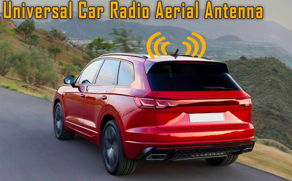 Text reads 'Universal Car Radio Aerial Antenna'. Red luxury vehicle shown from multiple angles on mountain road, highlighting antenna installation.