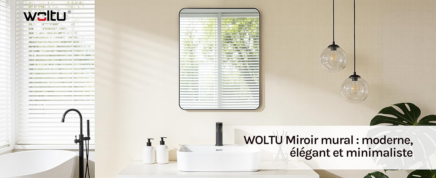 Le texte indique « WOLTU Minimalist mural, moderne, élégant et minimaliste ». L'image présente un design d'intérieur moderne minimaliste avec des luminaires suspendus, des étagères et des emballages de produits exposés.