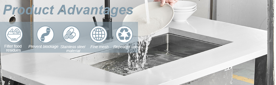 Stainless steel sink with running water. Icons above highlight product advantages: filter, easy storage, stainless steel, wide application, and recyclable materials.