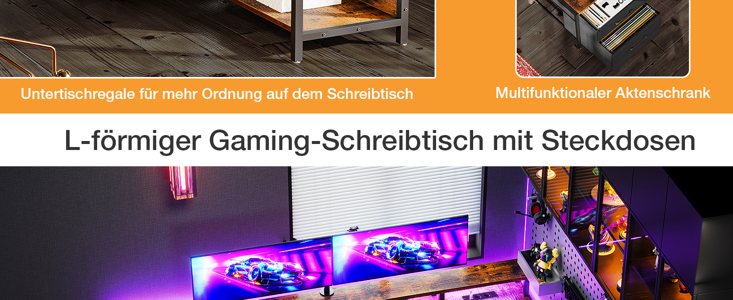 L-förmiger Gaming-Schreibtisch mit eingebauten Steckdosen. Verfügt über ein Kabelmanagementsystem und eine multifunktionale Schublade. Beleuchtet mit lila und blauen LED-Leuchten unter dem Schreibtisch.