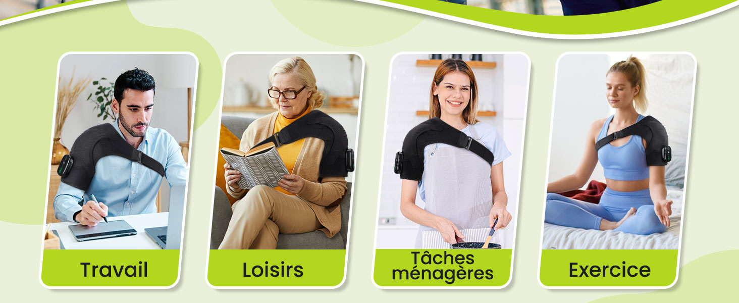 Immagine composita con quattro riquadri che mostrano persone impegnate in diverse attività: lavorano alla scrivania, leggono, svolgono lavori domestici e fanno esercizio. Ogni riquadro ha un'etichetta in francese sotto.