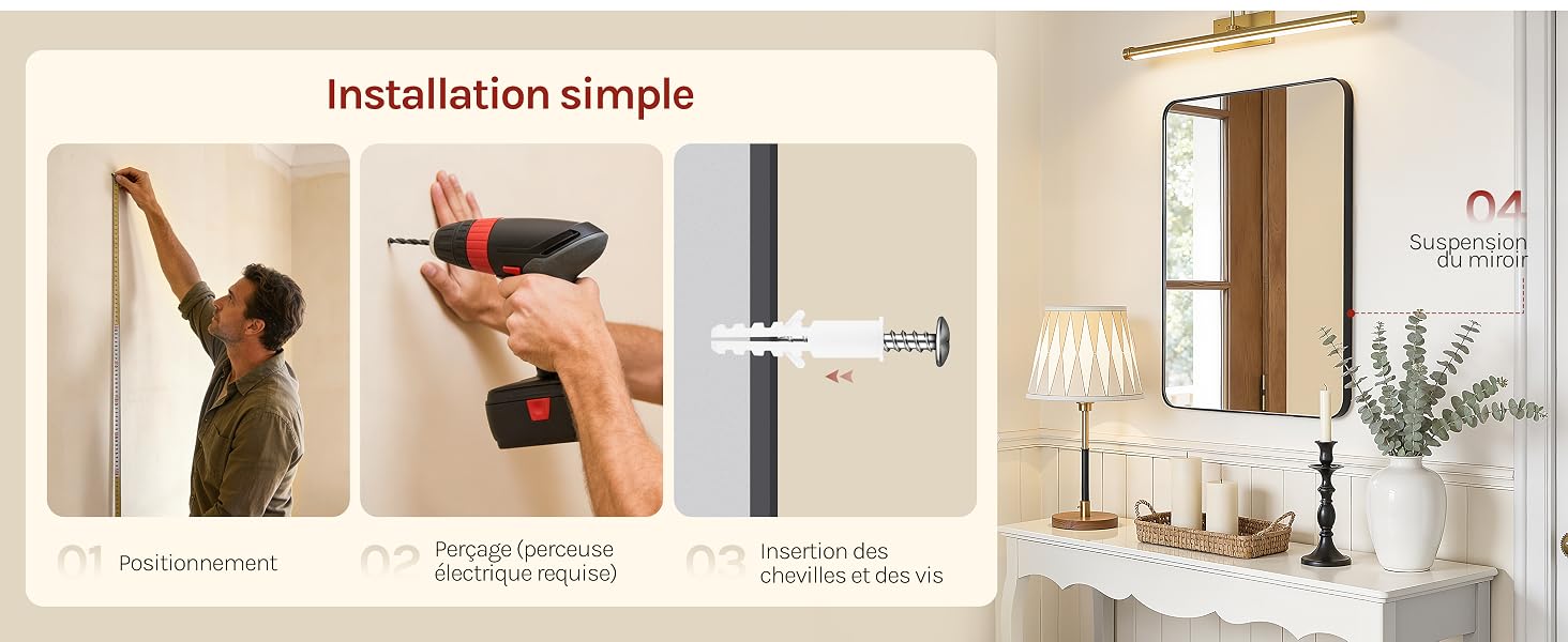 Le texte indique « Installation simple ». Le panneau de gauche montre trois étapes d'installation avec des démonstrations d'outils. Le panneau de droite affiche le produit installé dans la chambre à coucher sur une table de chevet blanche avec des éléments décoratifs.