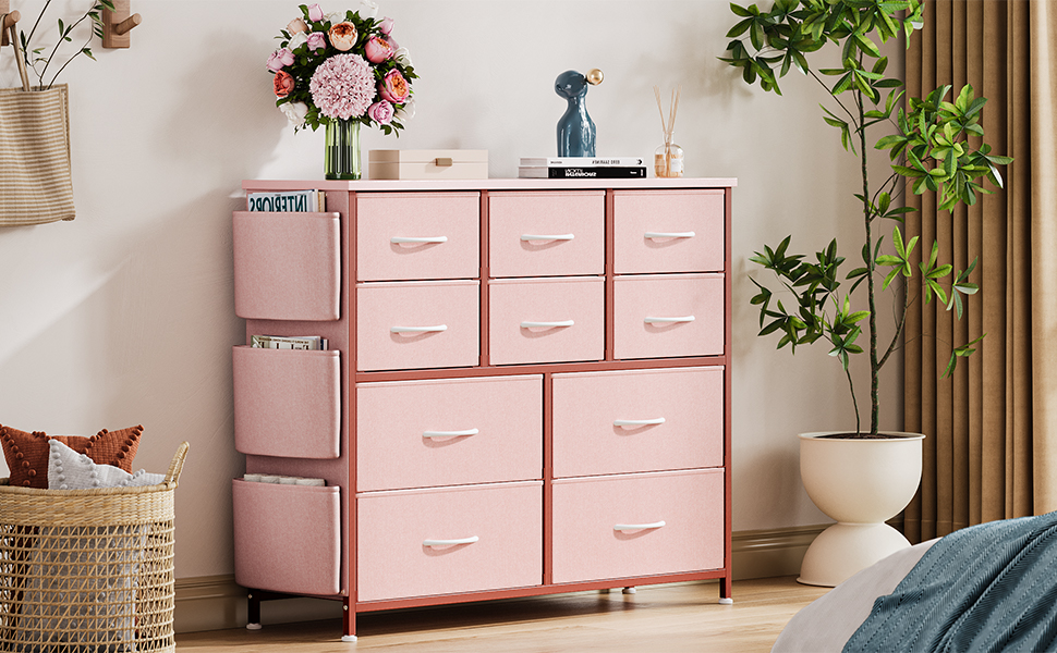 Commode 10 tiroirs pour chambre à coucher en tissu avec poches latérales