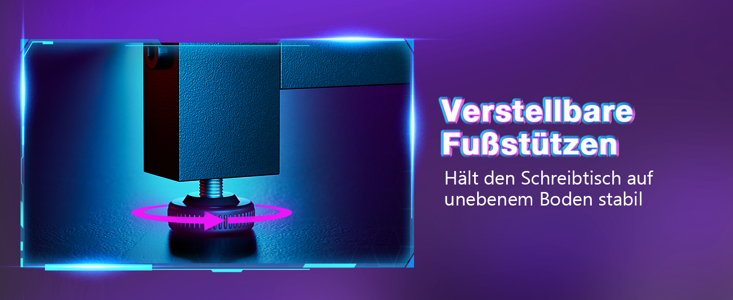 Nahaufnahme eines verstellbaren Schreibtischfußes mit blauer LED-Beleuchtung. Text auf Deutsch beschreibt seine Funktion, Schreibtische auf unebenen Böden stabil zu halten