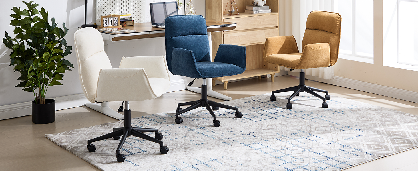 Espace de bureau moderne avec plusieurs chaises pivotantes aux couleurs bleu et beige, posées sur un tapis à motifs géométriques. Comprend des plantes en pot et un mobilier minimaliste.