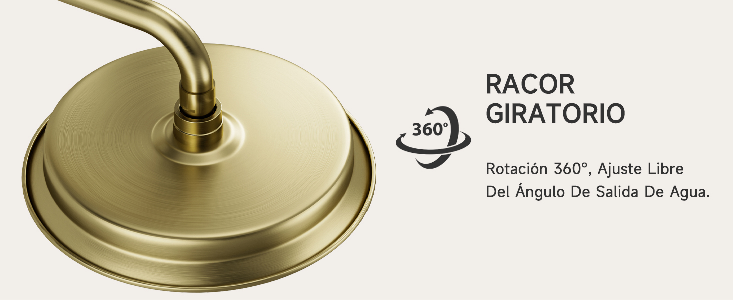El texto dice «RACOR GIRATORIO» con el texto adicional «Rotatorio 360°, Ajuste Libre, Del Angulo Su Salida Del Agua». Gancho giratorio de latón o dorado montado sobre una placa base redonda de color crema.