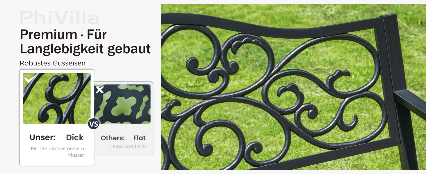 Der Text lautet „Premium“. Für Langlebigkeit gebaut.“ Schwarzes dekoratives Rollwerk oder Geländer aus Metall mit kunstvoll geschwungenem Designmuster.