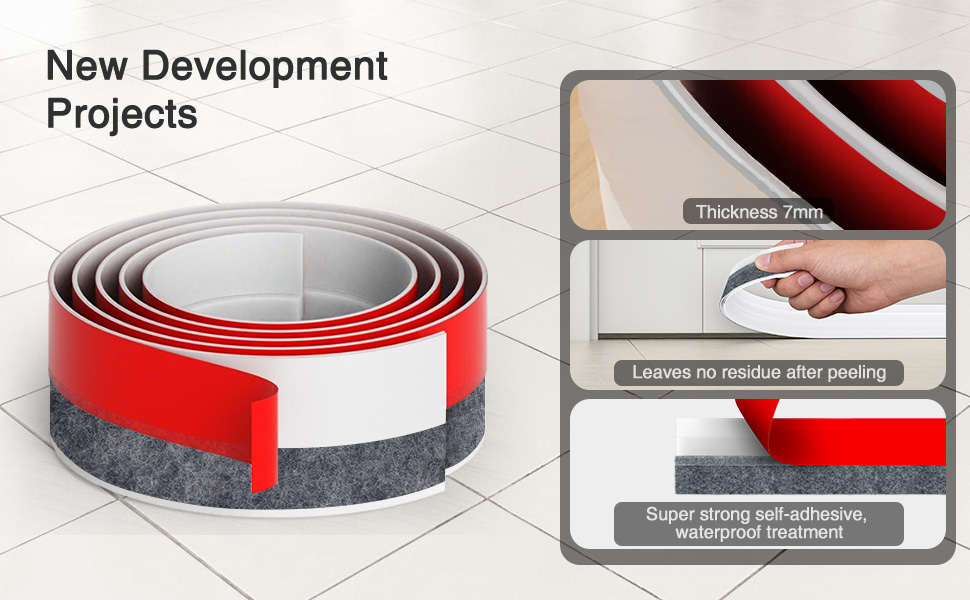 Text reads 'New Development Projects'. Product demonstration showing installation of red and grey weatherstrip or sealing tape, with multiple application steps illustrated.