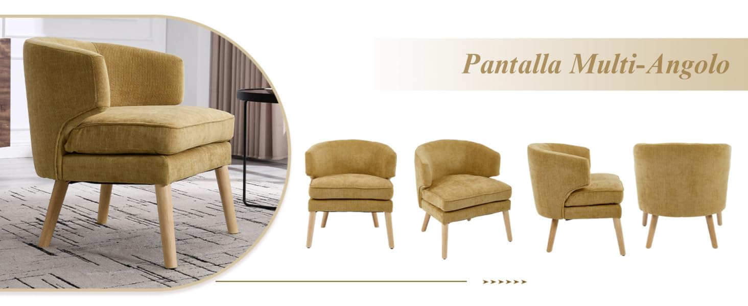 Varias vistas de una silla decorativa tapizada en color canela con patas de madera, que se muestra desde diferentes ángulos bajo el título «Pantalla Multi-Angulo».