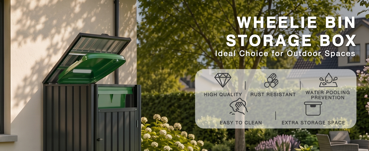 Text reads "WHEELIE BIN STORAGE BOX" with feature icons below. Green wheeled bin storage box photographed against foliage background, product specifications panel displayed on right.