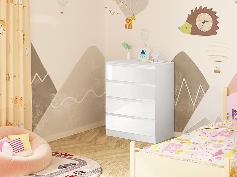 Children's bedroom with white dresser, colorful bedding, and wall decals featuring animals, mountains, and sun. Soft color palette with beige walls.