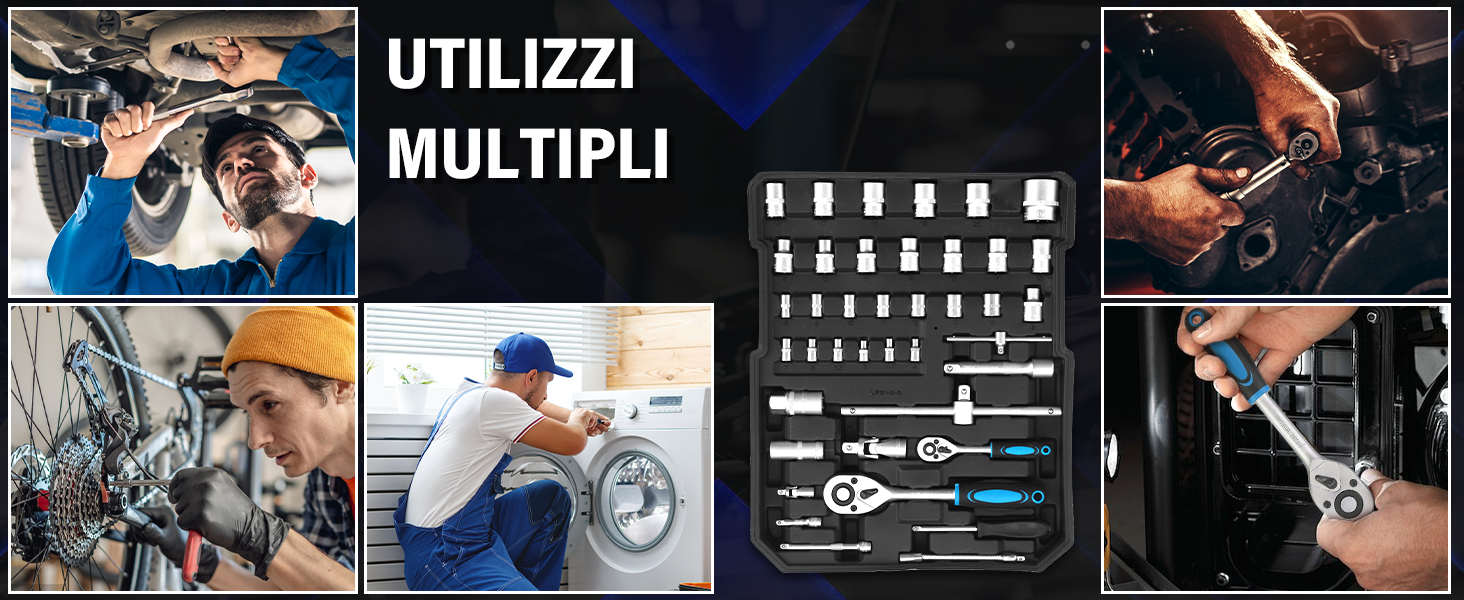 Il testo recita: 'UTILIZZI' e 'MULTIPLI'. Diagramma didattico che mostra molteplici usi e configurazioni di un prodotto, con immagini dimostrative con frecce e indicatori.