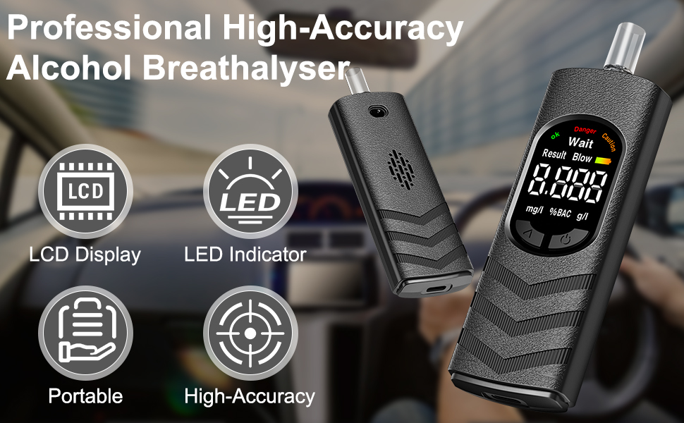 Product feature icons showing 'Portable', 'High-Accuracy', 'LCD Display', and 'LED Indicator' with a handheld black electronic device displayed.