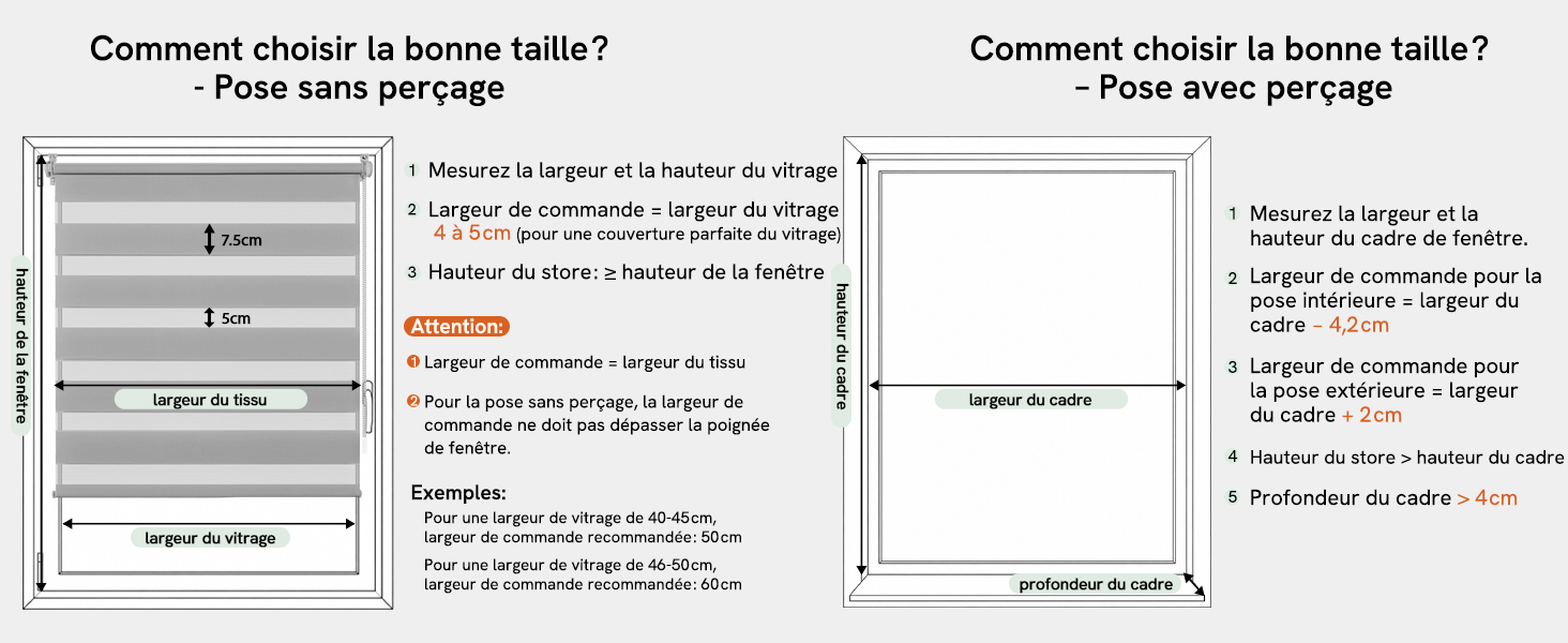 Schéma pédagogique avec texte français montrant les directives de taille et de mesure avec deux colonnes comparant différentes mesures et spécifications à des fins d'ajustement ou de sélection du produit.