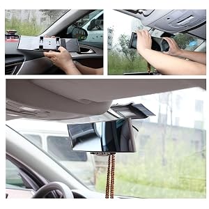 Multiple views of a car dashboard mount being installed and adjusted on windshield and rearview mirror area.