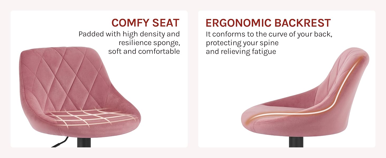 Pink quilted chair seat with high-density padding and ergonomic backrest. Side-by-side views show cushioned seat and curved back design for comfort and spine support.