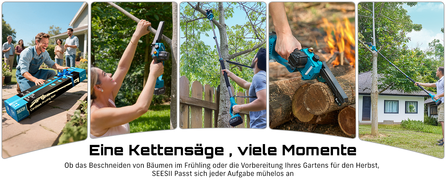 Der Text lautet „Eine Kettensäge, viele Momente“. Collage aus Außenszenen, die Garten- und Hofarbeiten zeigen.