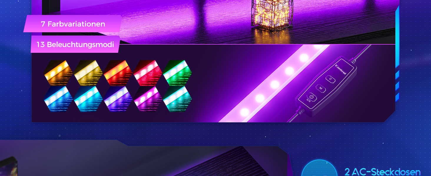 Werbeartikelbild mit violettem Hintergrund mit Farbverlauf, auf dem bunte, in einer Reihe angeordnete Metallgarnspulen mit dramatischen Lichteffekten zu sehen sind.