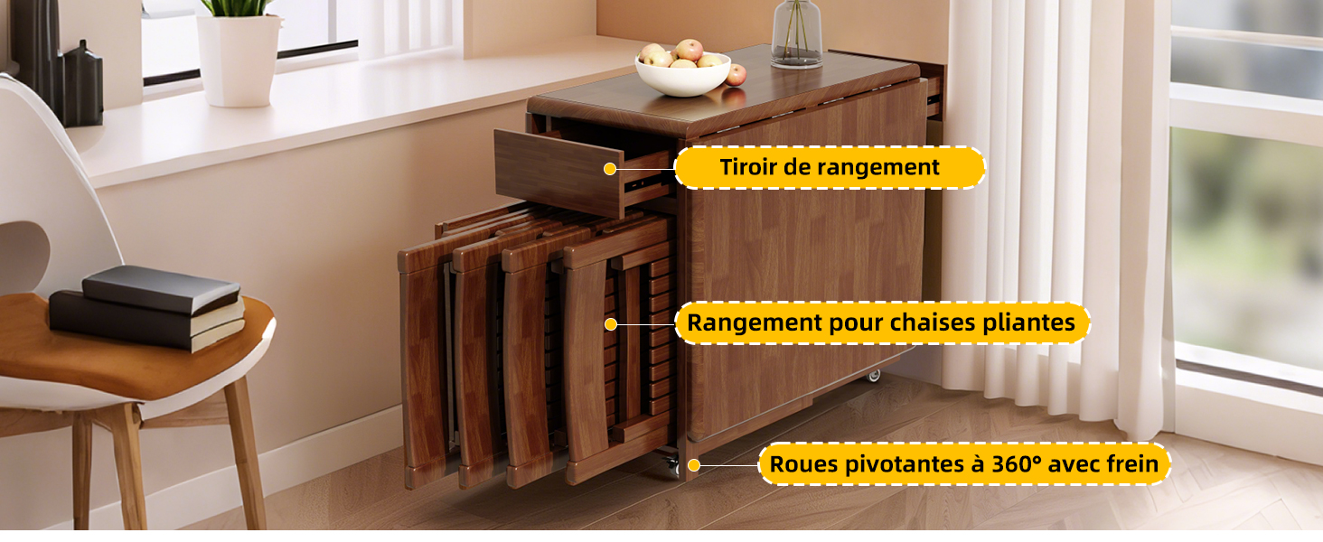 Le texte se lit comme suit : « Tiroir de rangement », « Rangement pour chaises pliantes », « Poses pivotantes à 360° avec frein ». Système de rangement présentant des tiroirs en bois et des meubles dans le cadre de la maison.