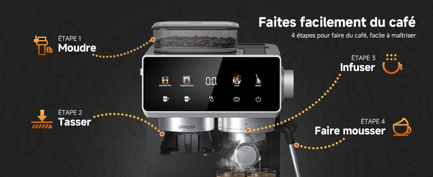 Le texte se lit comme suit : « Faites facilement du café ». Schéma technique illustrant le processus de préparation du café avec des lignes pointillées et des icônes indiquant les étapes de fonctionnement de la machine.