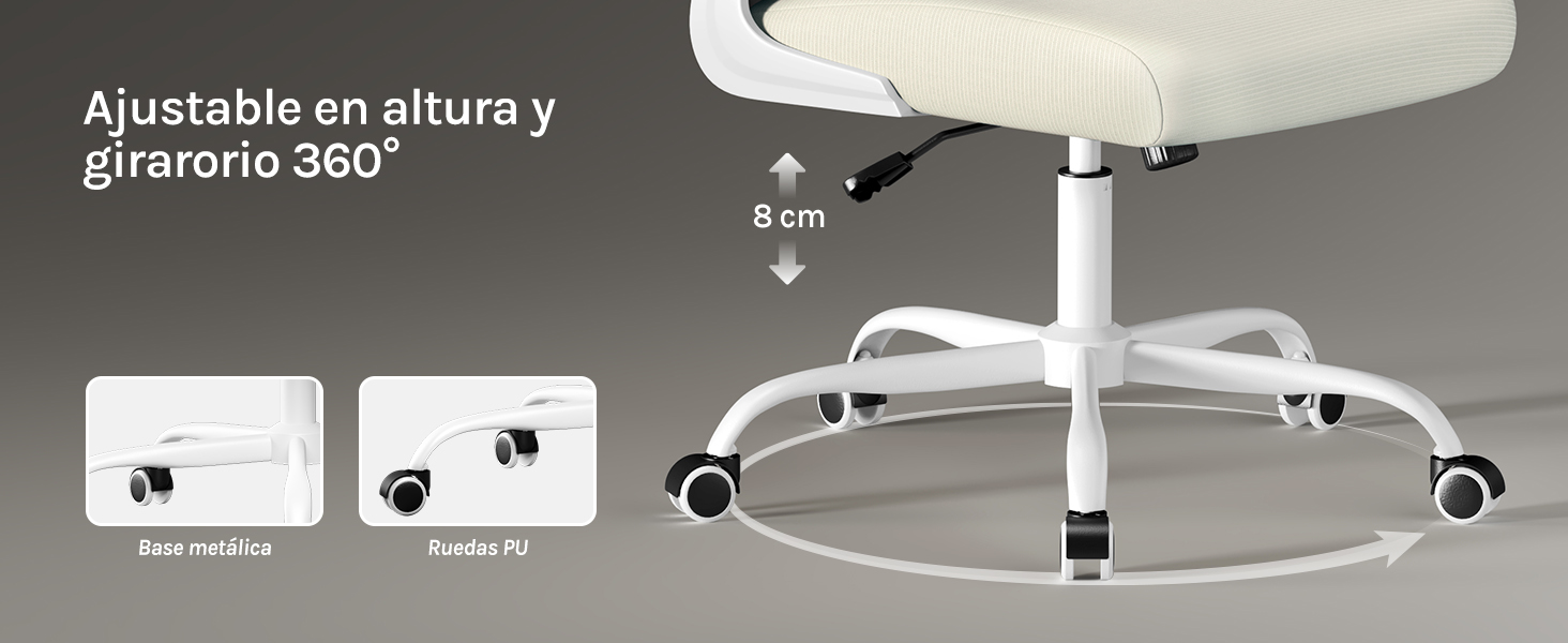 con patas blancas en forma de estrella sobre ruedas. Cuenta con un ajuste de altura de 8 cm y una rotación de 360 grados. Las imágenes insertadas muestran ruedas de poliuretano de goma que ruedan suavemente