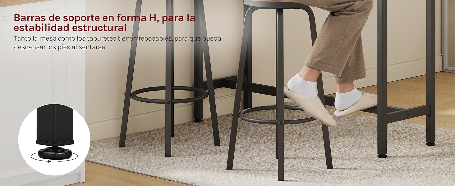 El texto dice «Barras de apoyo en línea h1 para estabilidad estructural». Se muestra el icono negro de la barra de soporte. Persona sentada en una silla moderna visible en segundo plano.